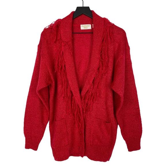 Vintage Oversized Cardigan‎ Sweater Fringe Collar Red Western Women's Size Large - Picture 1 of 8